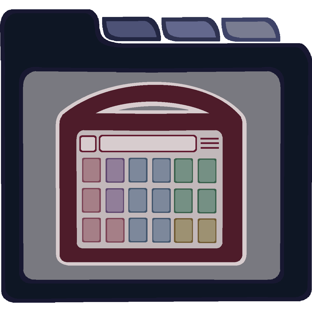 A icon of a dark blue file folder with three tabs at the top and a grey panel in the center. On the panel is a maroon AAC device with a rectangular display box at the top and a grid of three rows and six columns of square buttons in muted pastel colors (purple, blue, green, and yellow)